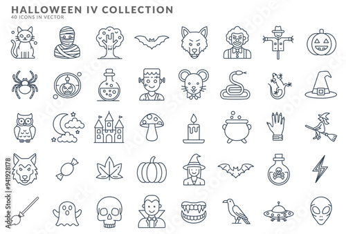 Halloween icon set 
monsters witches werewolves bats pumpkins broom owl and others. See more on our profile