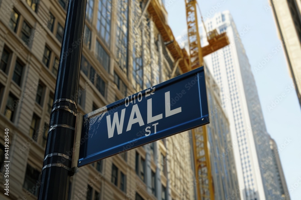 A street sign for Wall Street is mounted on a black pole outside of a skyscraper under construction. A street sign for Wall Street is mounted on a black pole outside of a skyscraper under construction.