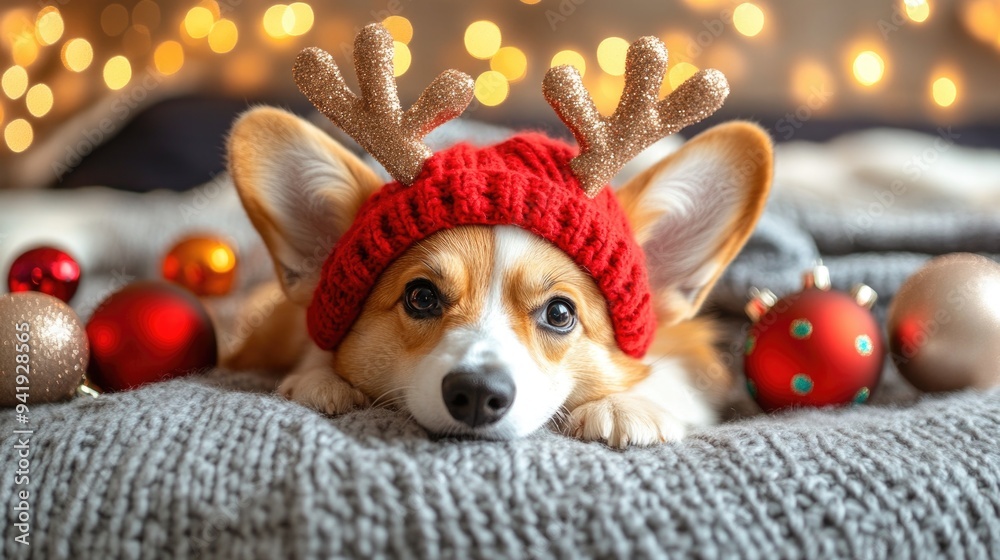 A cheerful corgi dressed in a Christmas costume, complete with reindeer antlers and decorations A cheerful corgi dressed in a Christmas costume, complete with reindeer antlers and decorations