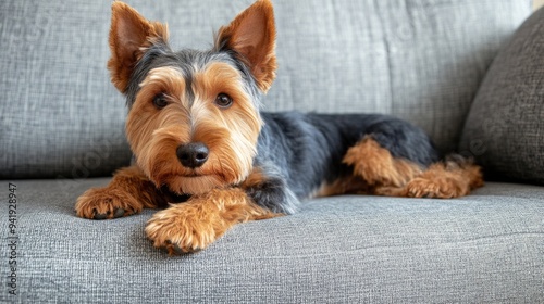 A Welsh Terrier relaxes peacefully on a gray sofa in a comfortable home setting photo