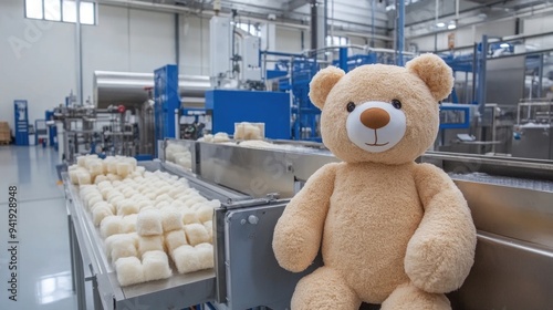 A soft toy bear is placed next to the production line in a factory manufacturing process