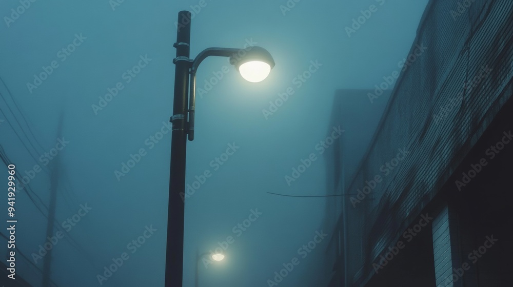 A street light is lit up in the fog A street light is lit up in the fog
