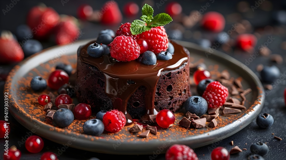 Decadent Chocolate Lava Cake with Fresh Berries and Mint on a Rustic Ceramic Plate Decadent Chocolate Lava Cake with Fresh Berries and Mint on a Rustic Ceramic Plate