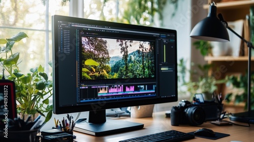 A computer screen is showing a picture of a forest.