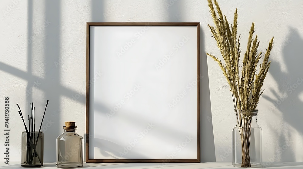 minimalist aesthetic frame mockup poster template on the table leaning on the white wall from side angle. wall in modern interior background. 50x70, 20x28, 20RP frame mockup poster