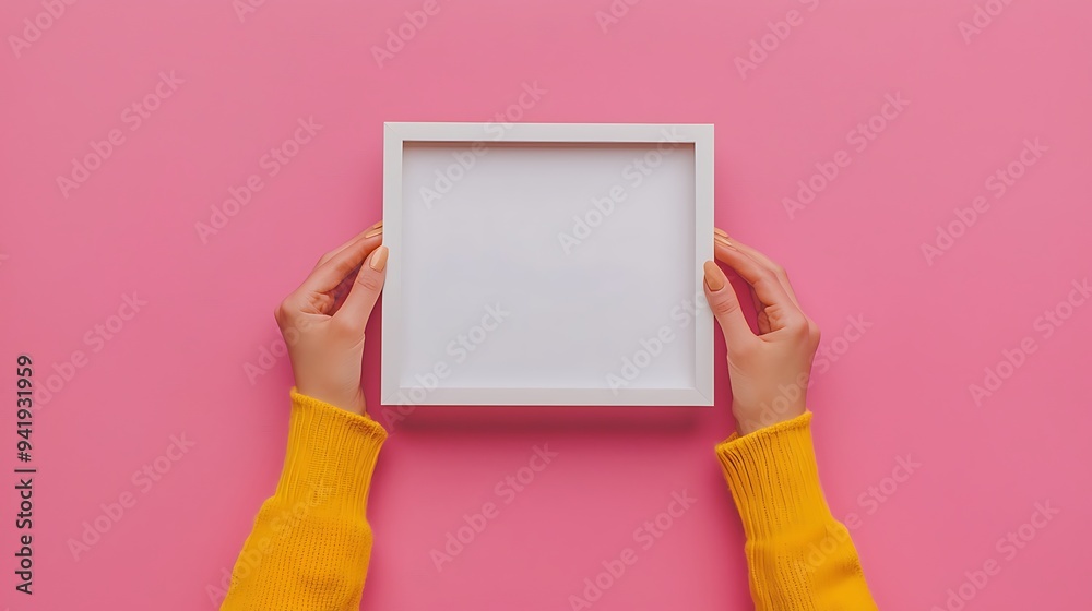 Top view of a female hands holding blank white square frame on pink background, frame mockup with copy space Top view of a female hands holding blank white square frame on pink background, frame mockup with copy space
