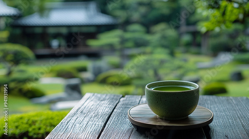 Matcha Green Tea on Wooden Table Setting