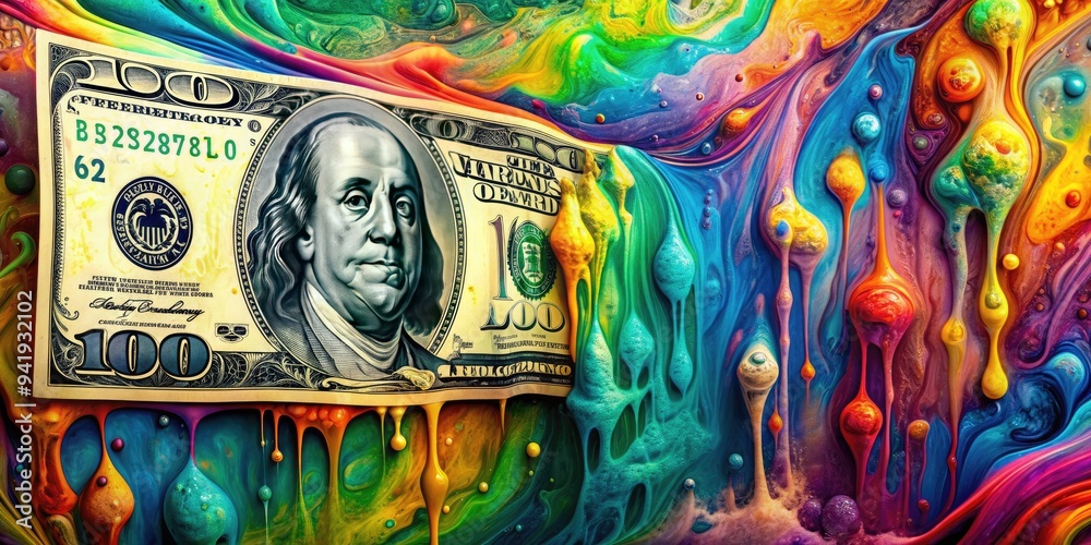 Surrealist Currency: Distorted dollar bill, melting edges, floating objects, vibrant colors, abstract forms Surrealist Currency: Distorted dollar bill, melting edges, floating objects, vibrant colors, abstract forms