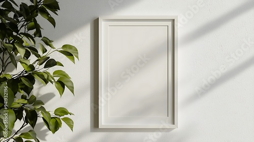 Fototapeta Naklejka Na Ścianę i Meble -  White rectangular vertical frame hanging on a white wall mockup