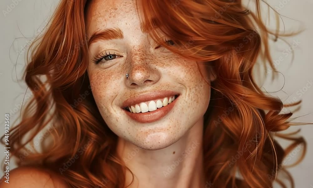 A smiling young woman showcases her vibrant curly red hair and charming freckles against a serene backdrop, exuding warmth and positivity in every moment A smiling young woman showcases her vibrant curly red hair and charming freckles against a serene backdrop, exuding warmth and positivity in every moment