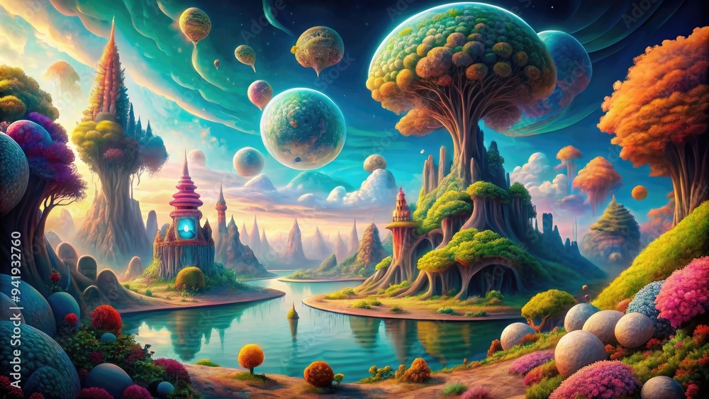 Fototapeta premium Surrealist Dreamscape Landscape: Bizarre, unexpected elements, distorted perspective, dreamlike colors, subconscious concept.