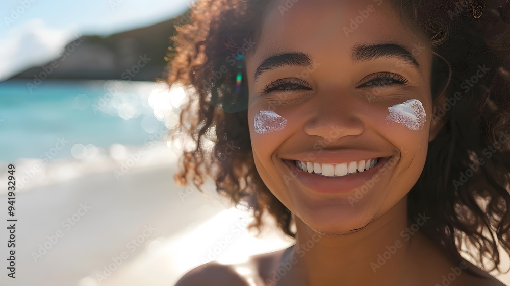 Beautiful woman smiling at the camera while standing on the beach Beautiful woman smiling at the camera while standing on the beach