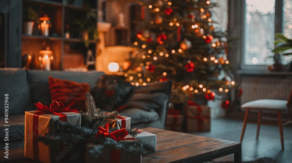 A cozy living room with a Christmas tree and gifts