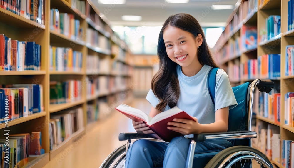 Children of a happy cute disabled school student in a wheelchair reading a book in a library. Children of a happy cute disabled school student in a wheelchair reading a book in a library.