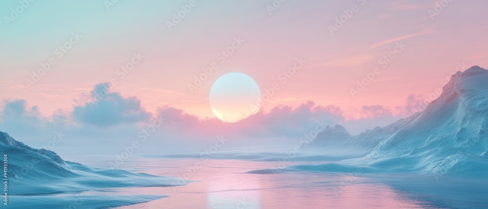 A beautiful sunset over a calm body of water with a large A beautiful sunset over a calm body of water with a large