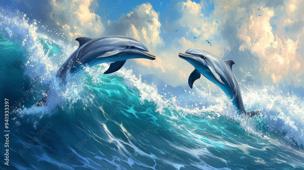 Fototapeta premium Two Dolphins Leaping Through the Waves