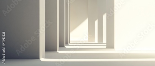 A long, narrow hallway with white walls and a white ceiling
