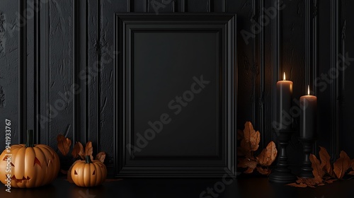 Halloween frame mockup, Black verical frame on the black wall with candle, 3d render photo