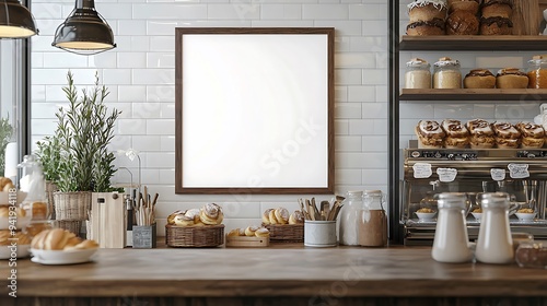 Mockup blank wall frame with bakery background photo