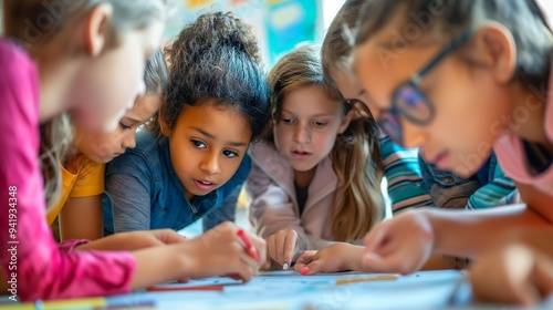 School kids work together on a class project