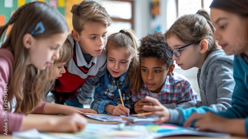 School kids work together on a class project