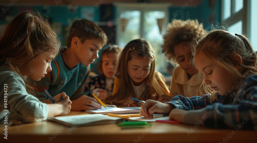 Fototapeta premium School kids work together on a class project