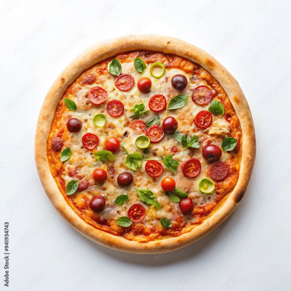 Tasty pizza with fresh ingredients on a white background Tasty pizza with fresh ingredients on a white background