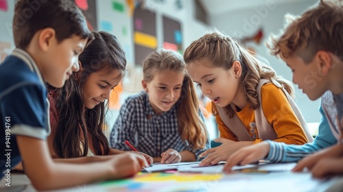 School kids work together on a class project