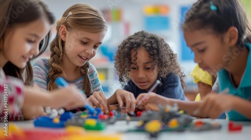 School kids work together on a class project