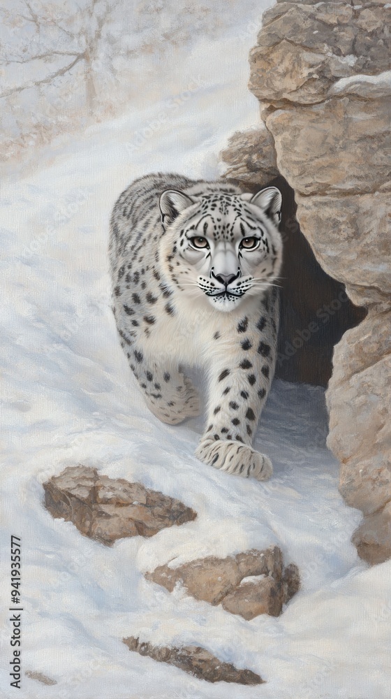 The snow leopard deftly leaps over snowy cliffs in the Himalayas, its striking fur blending with the pristine snow and towering mountains in the background The snow leopard deftly leaps over snowy cliffs in the Himalayas, its striking fur blending with the pristine snow and towering mountains in the background