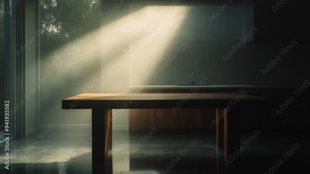 A wooden table is sitting in a room with a window A wooden table is sitting in a room with a window