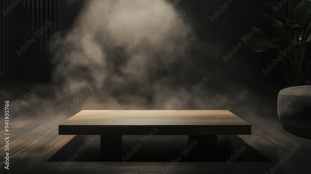 A wooden table with a foggy mist surrounding it A wooden table with a foggy mist surrounding it