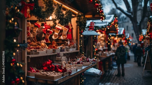 A Christmas market with stalls selling handmade crafts