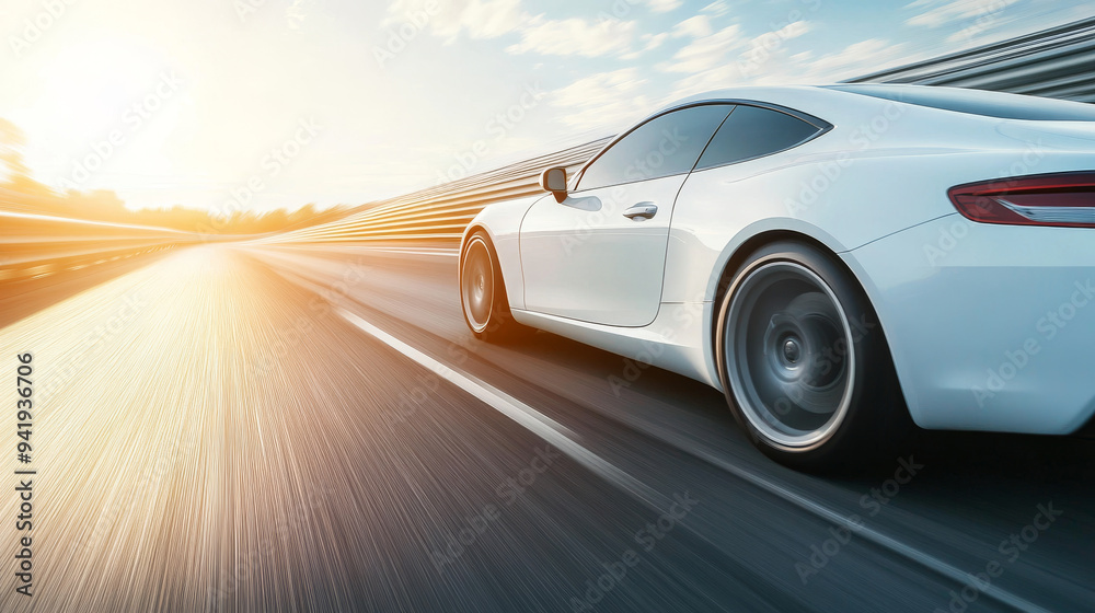 White Sports Car Speeding on a Highway White Sports Car Speeding on a Highway