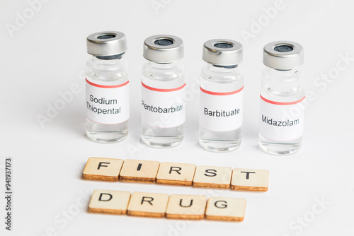 Medical Vial with label on a white background photo