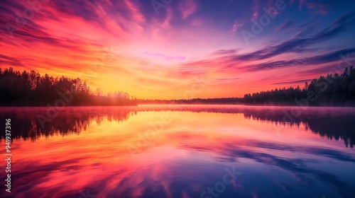 colorful sunrise over a lake with the reflection of the sky mirrored