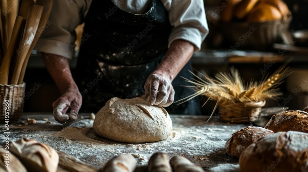 The male hands in flour and rustic organic loaf of bread. Neural network ai generated art The male hands in flour and rustic organic loaf of bread. Neural network ai generated art