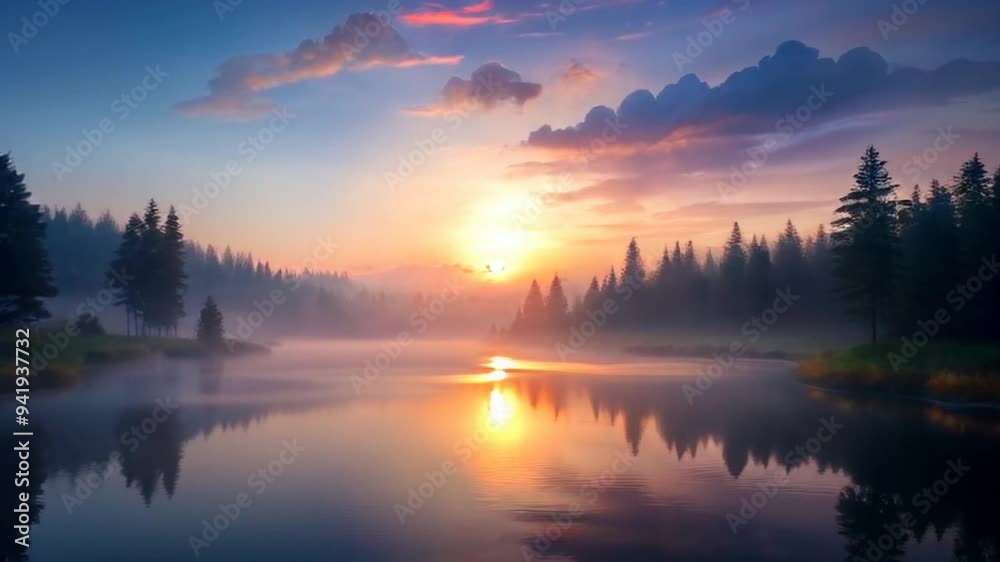 Misty Sunrise Over Serene Forest Lake