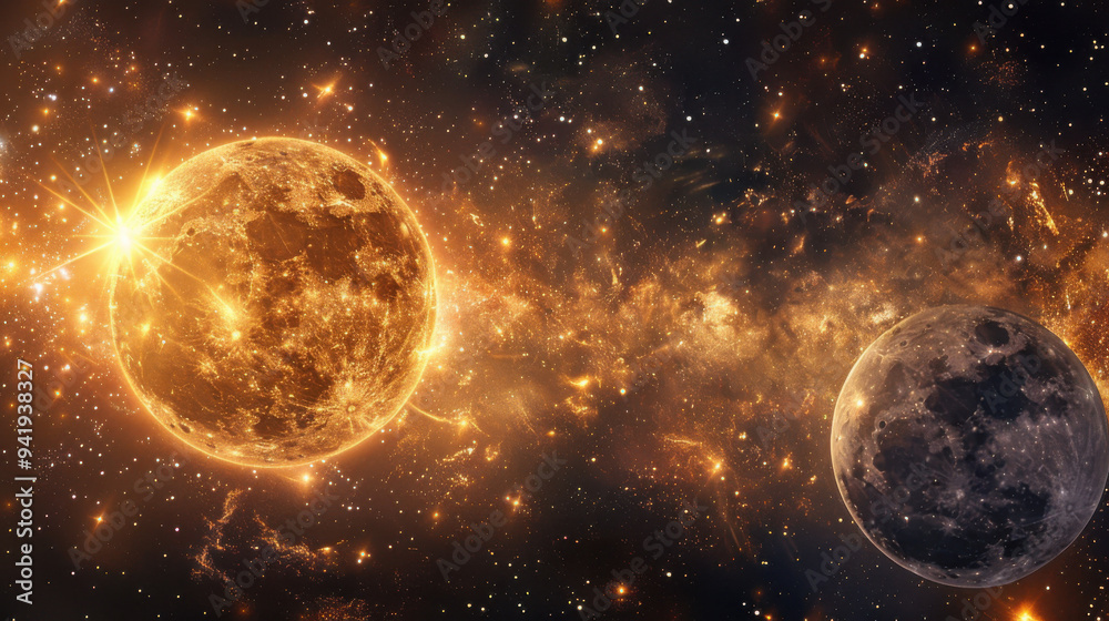 a captivating scene of sun and moon space. The background is a deep, rich cosmic black, sprinkled with twinkling stars of various sizes and brightness. a captivating scene of sun and moon space. The background is a deep, rich cosmic black, sprinkled with twinkling stars of various sizes and brightness.