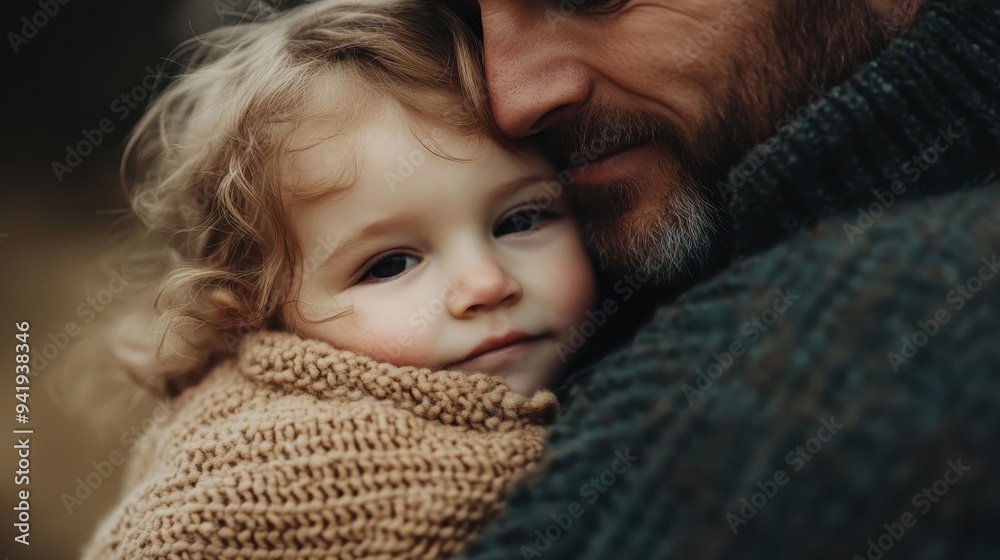 A man tenderly cuddles a baby who is swathed in a knitted blanket, showcasing a heartfelt moment of love and shelter, their close bond radiating warmth and emotional intimacy. A man tenderly cuddles a baby who is swathed in a knitted blanket, showcasing a heartfelt moment of love and shelter, their close bond radiating warmth and emotional intimacy.