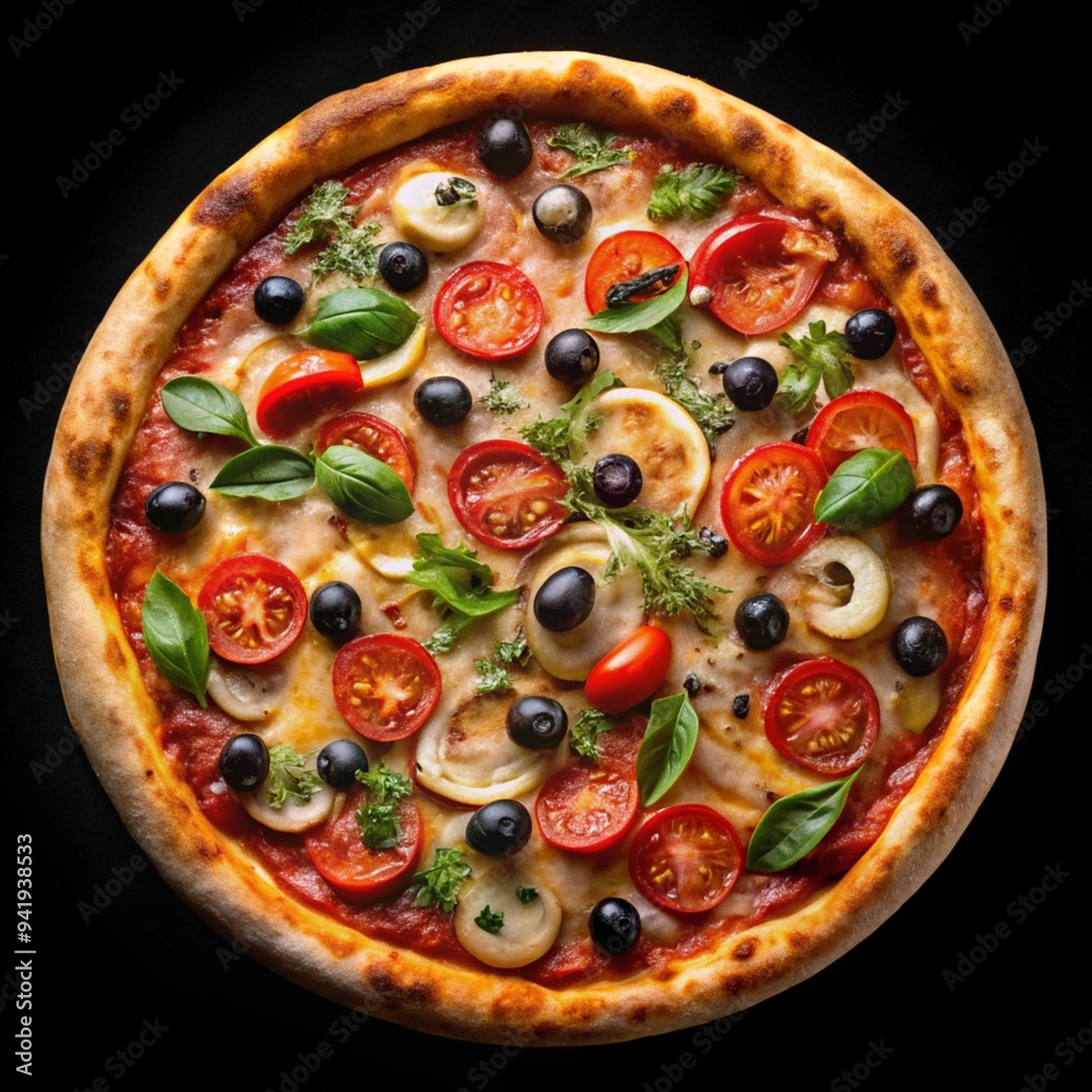 Tasty pizza with fresh ingredients on a black background Tasty pizza with fresh ingredients on a black background
