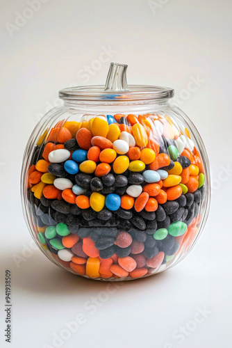 Pumpkin-shaped clear glass container filled with colorful candies. Halloween concept, trick or treat. photo