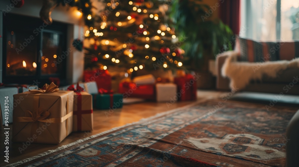 A cozy living room with a Christmas tree and gifts A cozy living room with a Christmas tree and gifts