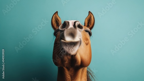 A striking close-up of a horse showing a humorous smile against a vibrant turquoise background, capturing the essence of animal expression in a captivating manner.