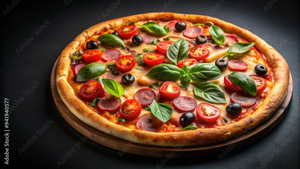 Tasty pizza with fresh ingredients on a black background Tasty pizza with fresh ingredients on a black background