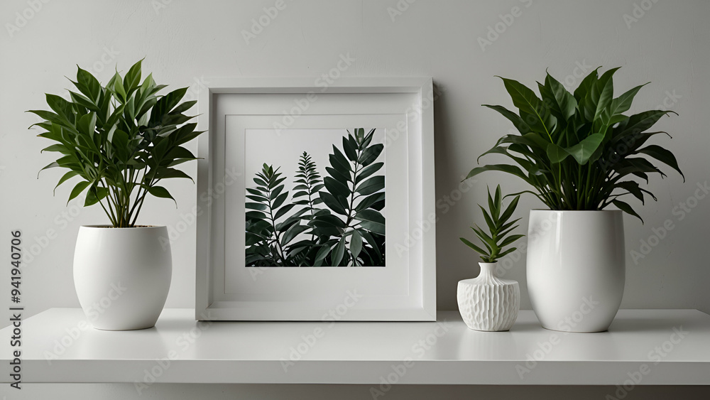 White Table with Empty Photo Frame and Green Plant in Pot, Modern Interior with Poster Display White Table with Empty Photo Frame and Green Plant in Pot, Modern Interior with Poster Display