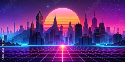 Synthwave Sunset: Neon, retro, futuristic, geometric, pink, purple, cityscapes photo