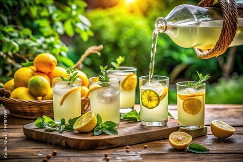 Freshly squeezed lemonade pours into glasses filled with ice and garnished with vibrant yellow lemons, surrounded by lush greenery and rustic wooden accents outdoors. photo