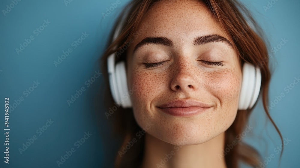 A young woman with freckles and closed eyes enjoys music through her white headphones, expressing contentment and relaxation, against a blue background. A young woman with freckles and closed eyes enjoys music through her white headphones, expressing contentment and relaxation, against a blue background.