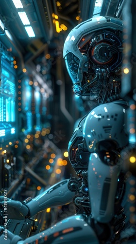 Futuristic robotic humanoid in a high-tech control room, illuminated with advanced technology and vibrant lights.